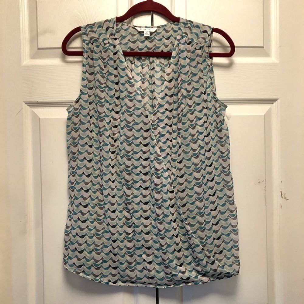 CAbi Bird Print Faux Wrap Top